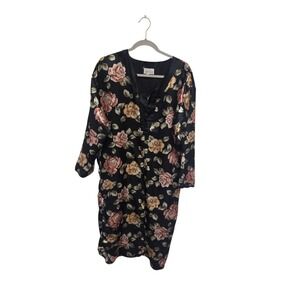 Vintage 90s Nicole Black Floral Rose Print Long Sleeve V Neck Midi Dress Women's